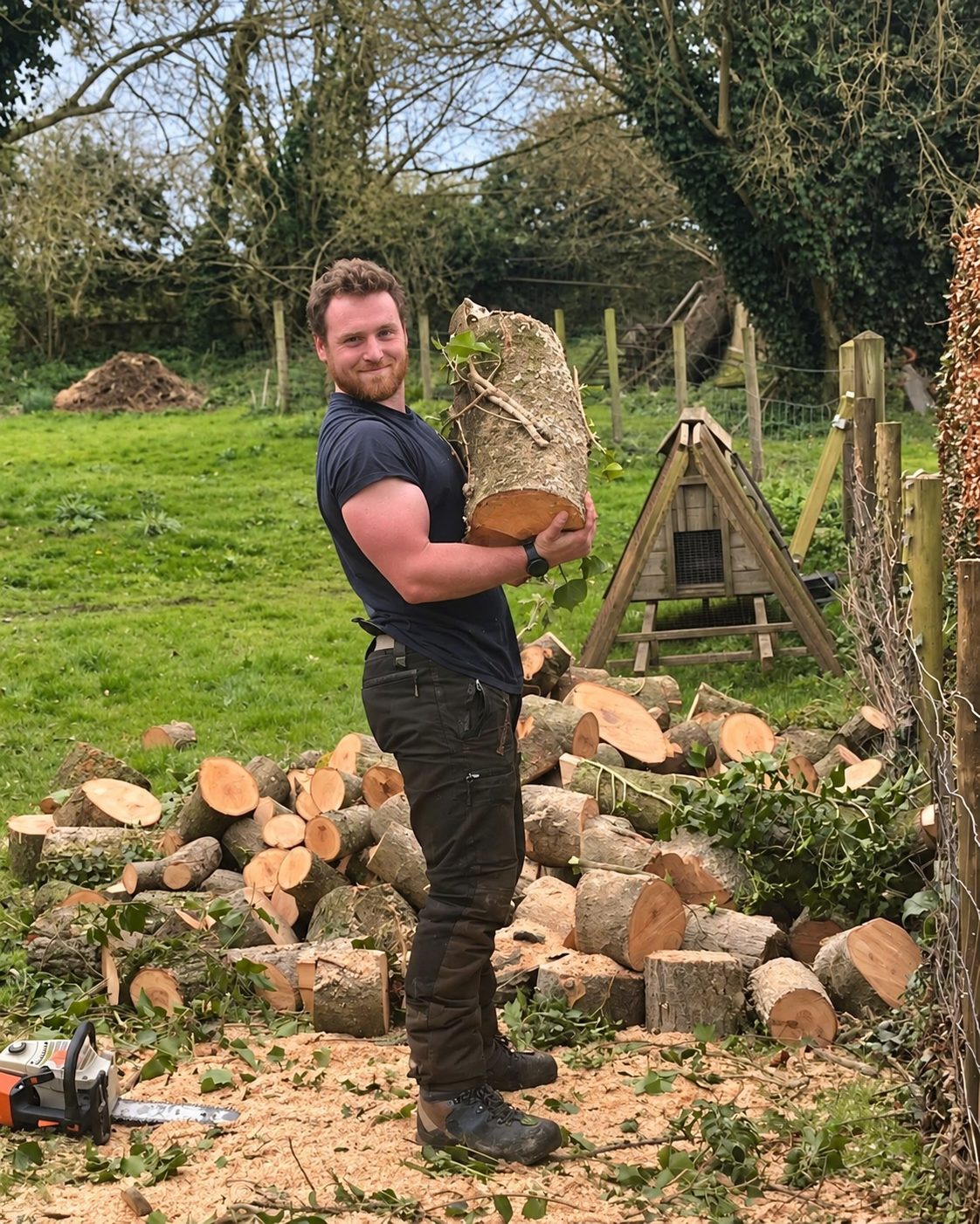 Ben carrying a freshly cut log on a felling job